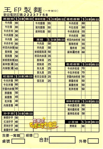 王印製麵菜單價位大公開》台中一中街美食必吃小吃餐廳～推薦麻辣乾麵 、鮮蝦抄手、牛肉麵。