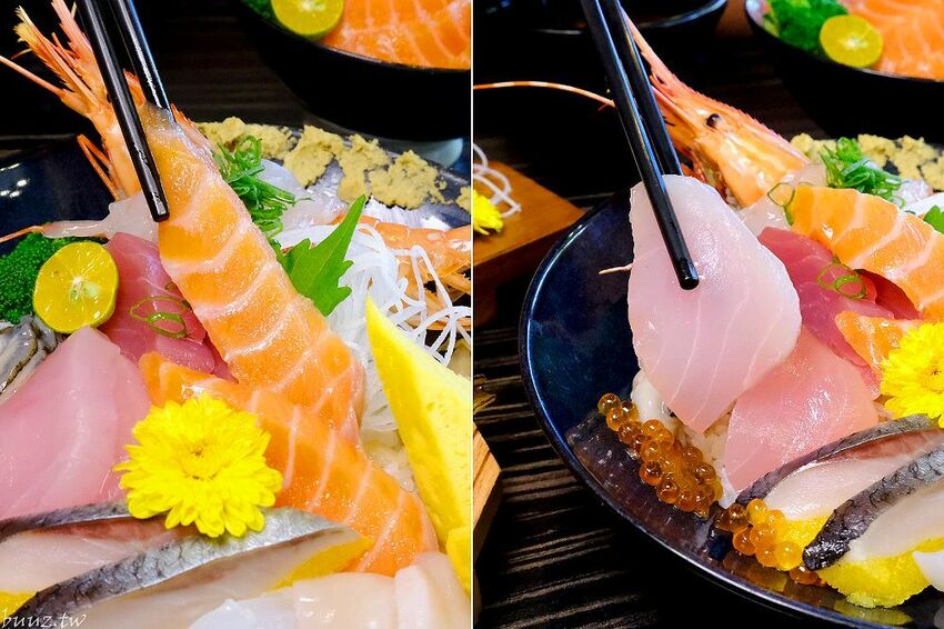 型男主廚送上盛合海景鮮魚丼，岡崎丼飯壽司，澎湖直送鮮甜牡蠣滋味濃郁！