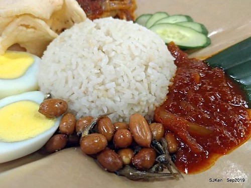Malaysia traditional dishes --- Nasi Lemak,Coconut rice with spicy squid,cucumber, boiled egg & onion , Mr.cheekopitiam, Food court at Eslite bookstore Department store, Taipei, Taiwan, SJKen, Sep 7, 2019