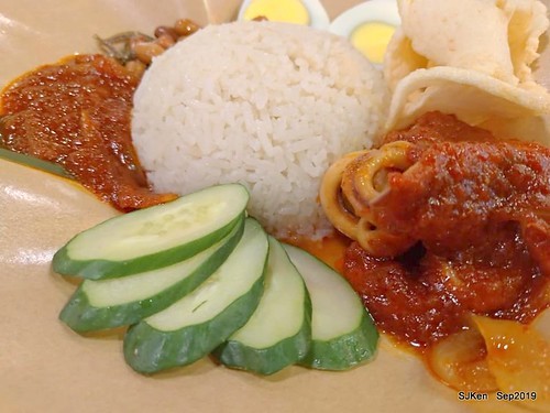 Malaysia traditional dishes --- Nasi Lemak,Coconut rice with spicy squid,cucumber, boiled egg & onion , Mr.cheekopitiam, Food court at Eslite bookstore Department store, Taipei, Taiwan, SJKen, Sep 7, 2019
