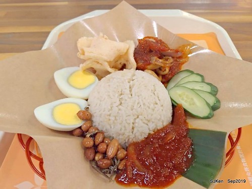 Malaysia traditional dishes --- Nasi Lemak,Coconut rice with spicy squid,cucumber, boiled egg & onion , Mr.cheekopitiam, Food court at Eslite bookstore Department store, Taipei, Taiwan, SJKen, Sep 7, 2019