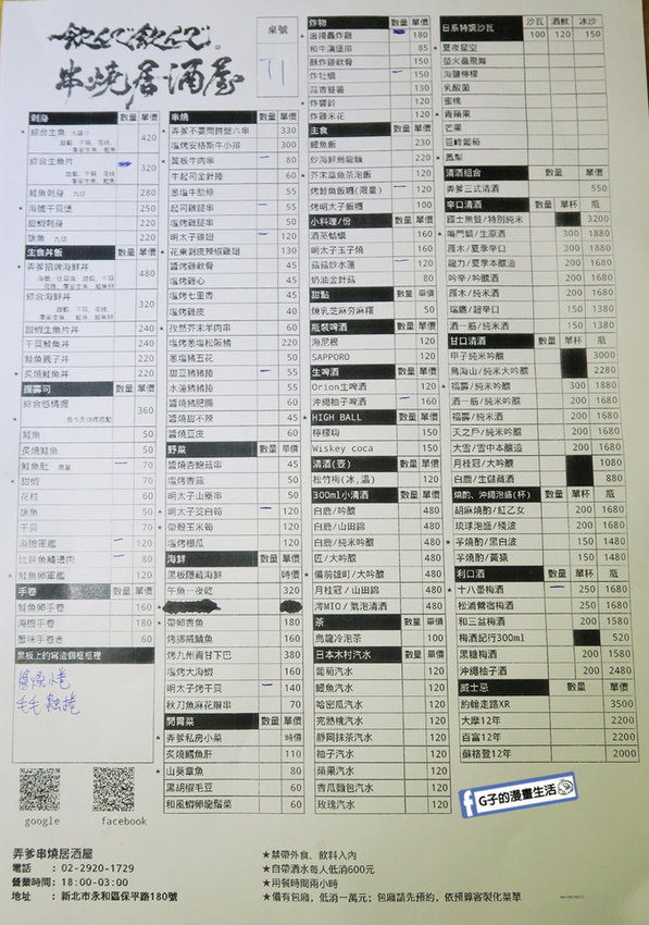 永和弄爹串燒居酒屋菜單MENU.飲んで飲んで串燒居酒屋.永和生魚片握壽司.