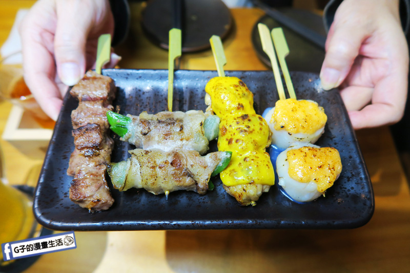 永和弄爹串燒居酒屋.翼板牛肉串.起司雞腿串.甜豆豬豬捲.明太子烤干貝