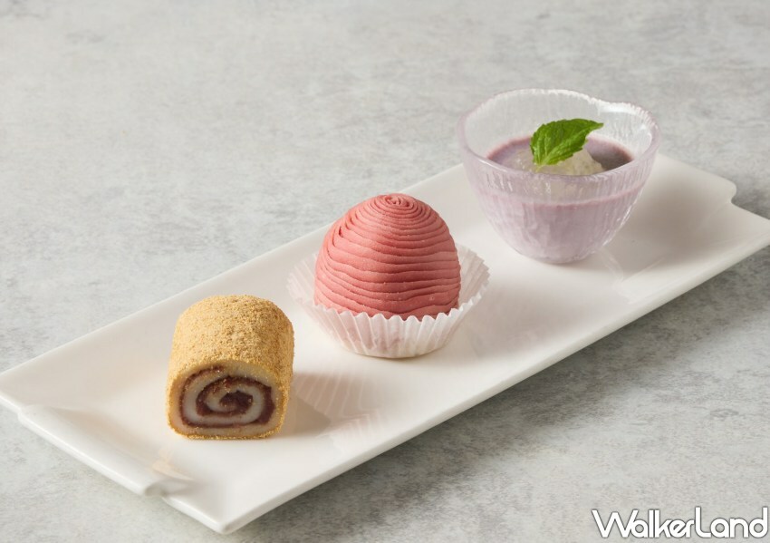 ▲樂天皇朝一人獨享三款經典甜點組合「紫薯奶酪、千層蘋果酥、宮廷驢打滾」 / 樂天皇朝 提供、WalkerLand窩客島整理