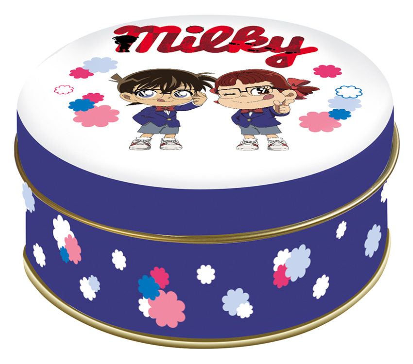 ▲圓形罐款印有江戶川柯南和牛奶妹的可愛形象。