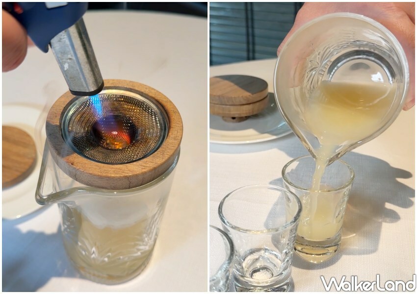 ▲煙燻青森蘋果汁迎賓,酸甜帶有煙燻香 / WalkerLand窩客島 鄭雅之 拍攝