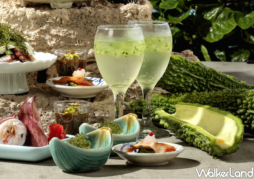 ▲「島翠泡盛沙瓦」則以泡盛為基底加入苦瓜碎粒,視覺與口感都極具層次 / 欣葉日本料理 提供、WalkerLand窩客島整理
