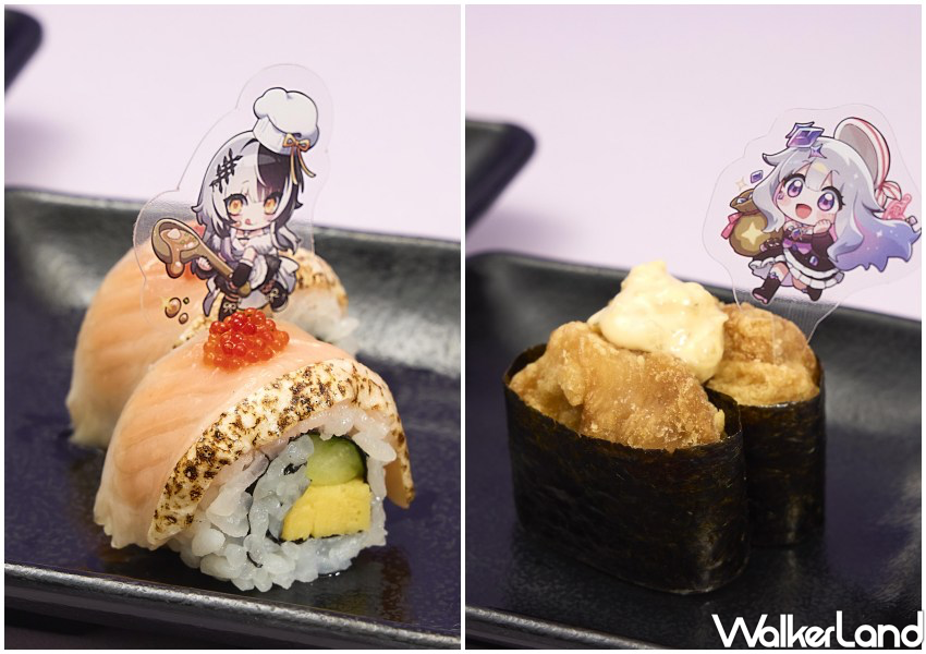▲壽司郎、hololive English -Advent-聯名壽司含角色插卡與盲袋胸章一份 / 壽司郎 提供、WalkerLand窩客島整理
