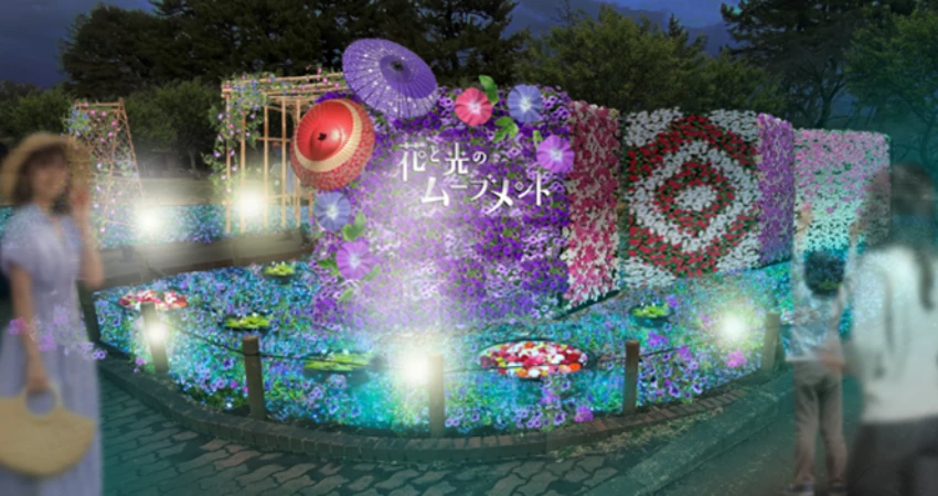 ▲夜晚藍色燈光在花壇間流淌，襯托出花朵最美的姿態。