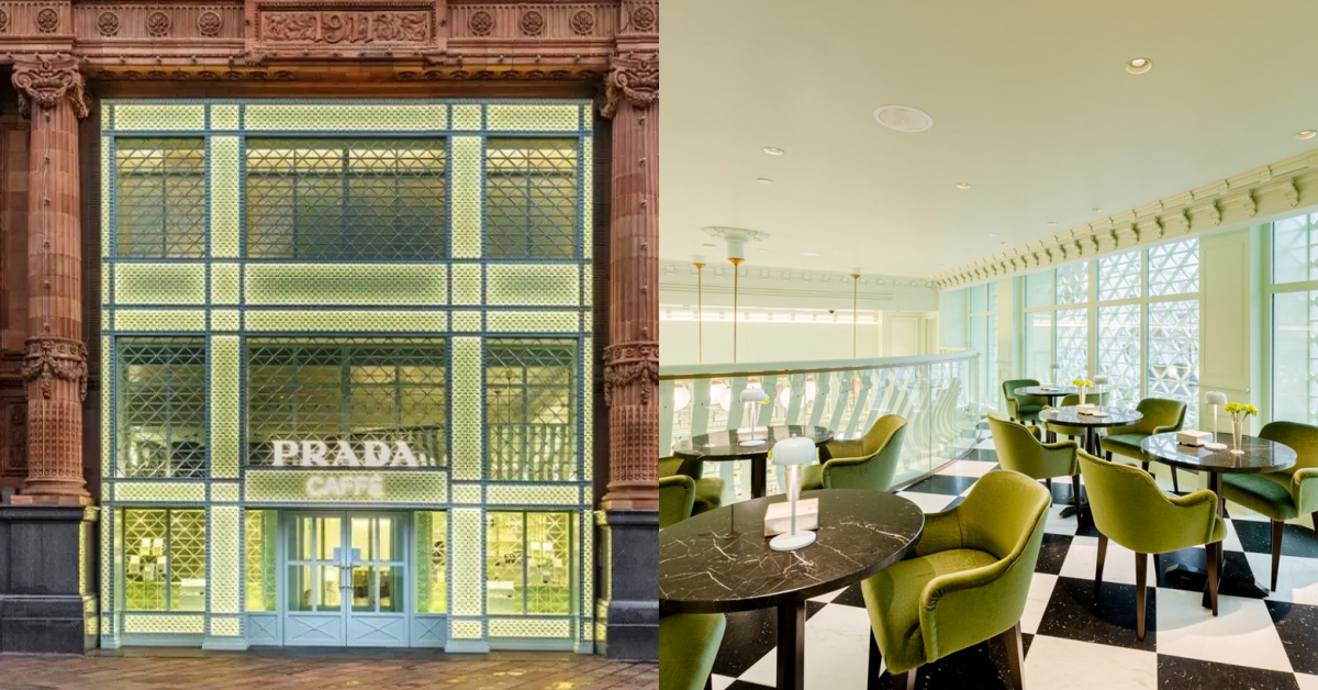 Prada也開咖啡廳了？超美Prada Caffè登場倫敦百貨，莫蘭迪綠色調+樓中樓空間打造愜意氛圍